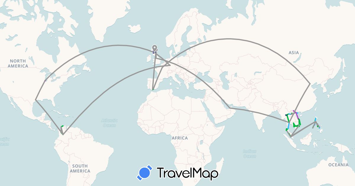 TravelMap itinerary: driving, bus, plane, train, hiking, boat, motorbike in United Arab Emirates, China, Colombia, Germany, Spain, France, United Kingdom, Cambodia, Laos, Malaysia, Philippines, Thailand, United States, Vietnam (Asia, Europe, North America, South America)